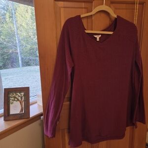 Sonoma Ribbed V-Neck Sweater Tunic in Burgundy Modest Length Great For Leggings